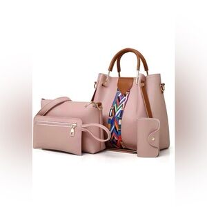 4PC Women PU Leather Handbag Shoulder Bag Crossbody Satchel Messenger Tote Pink